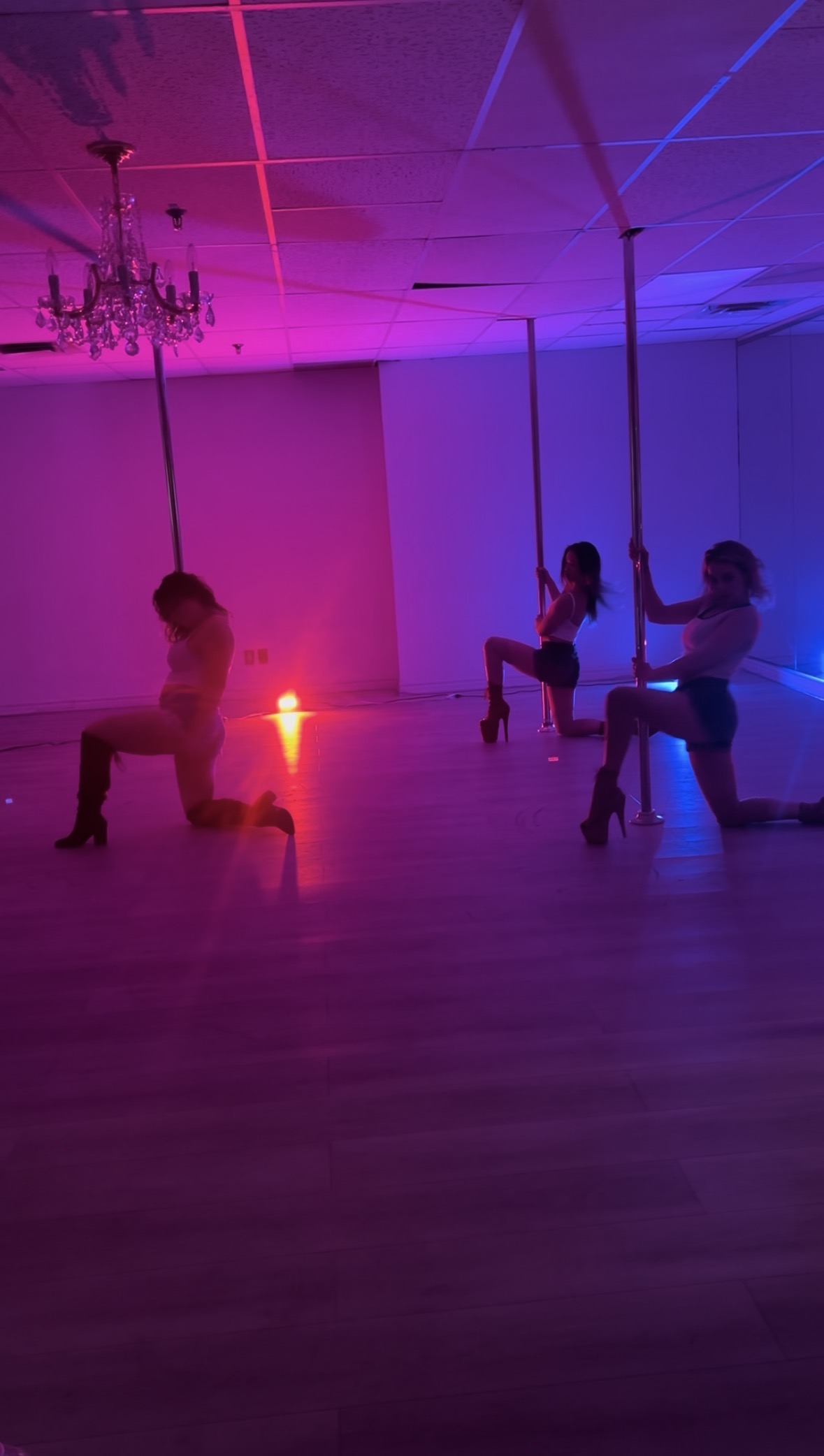 Three Body Evolution Studios performers in a pink and blue lit group routine