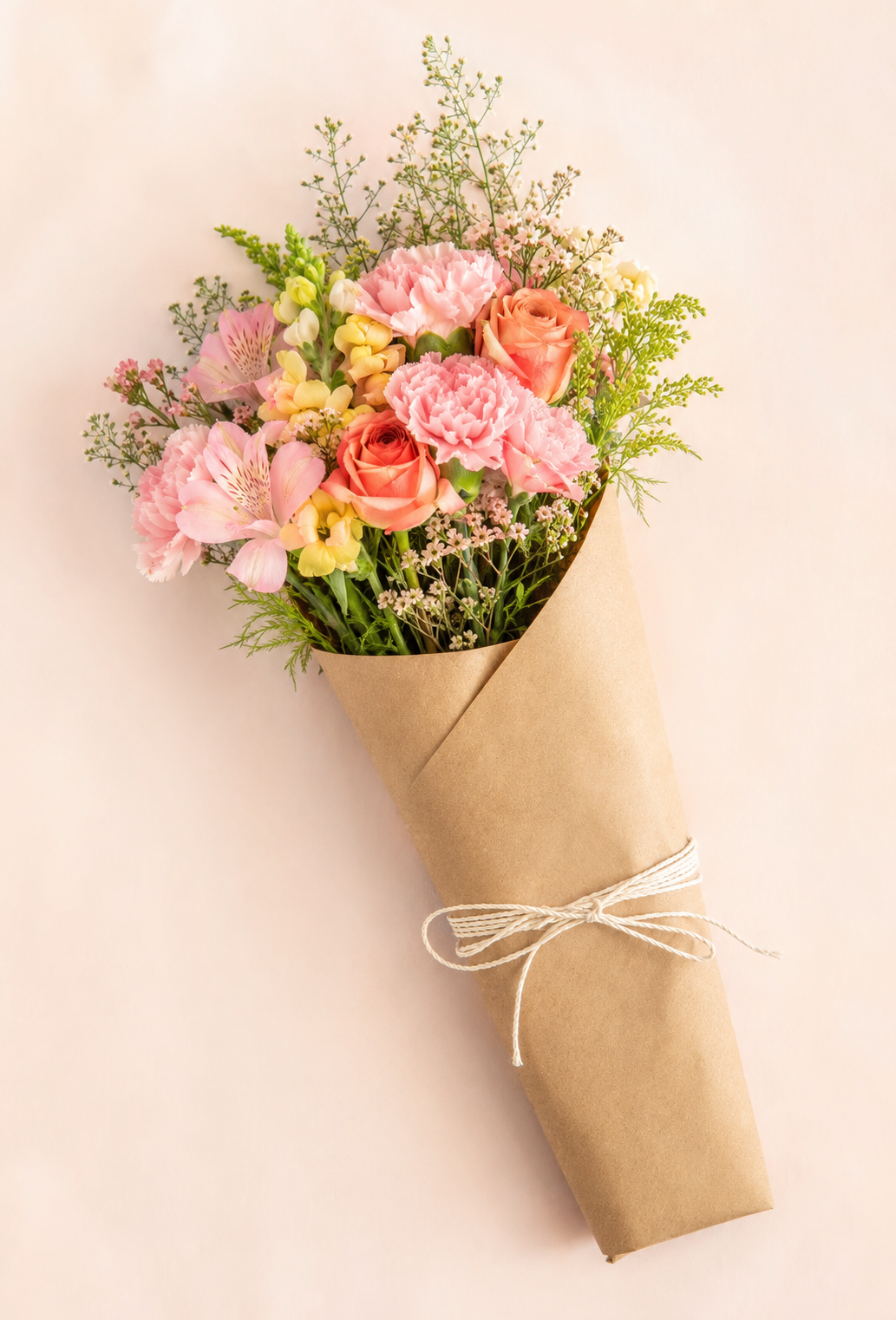 A hand-tied celebration bouquet in warm sunset-inspired colours