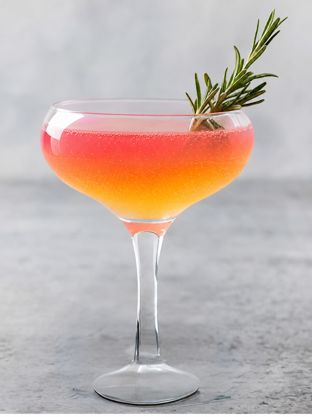 A yellow, orange and pink Solstice Sunset specialty drink in a coupe glass